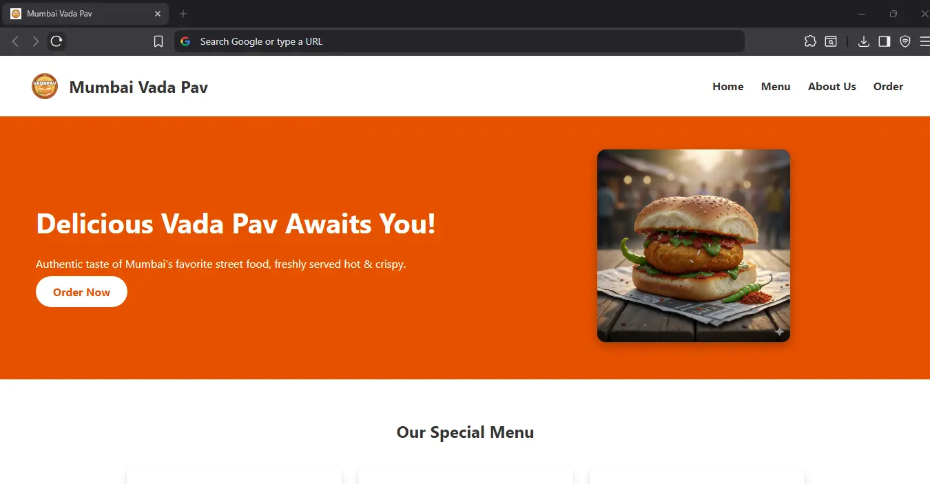 Screenshot of the Mumbai Vada Pav landing page project.
